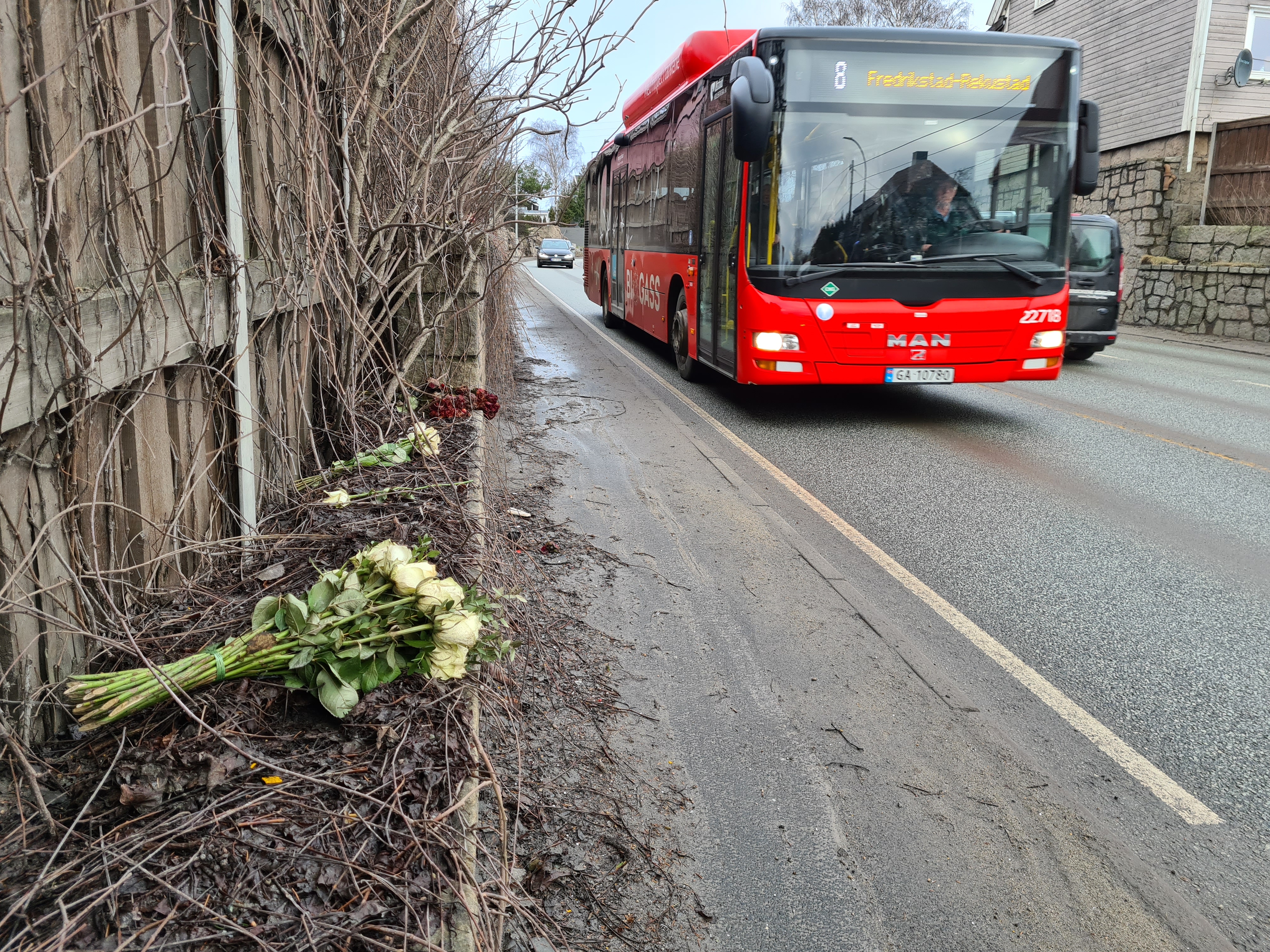 I begynnelsen av februar lå fortsatt visne blomster i veikanten for å vitne om at her hadde skjedd en dødsulykke. Foto: Arne Danielsen